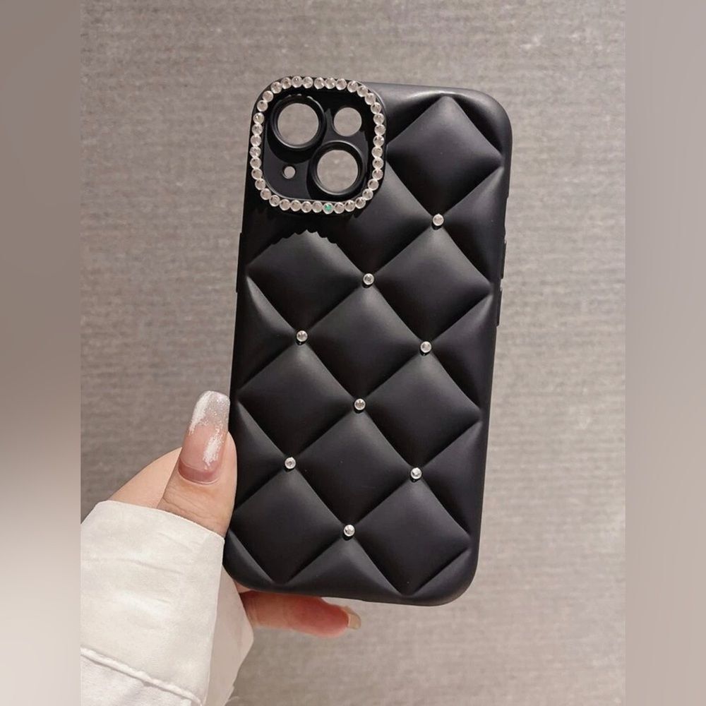 Luxury Quilted Black iPhone 15 Pro Max Case with Rhinestone Accents